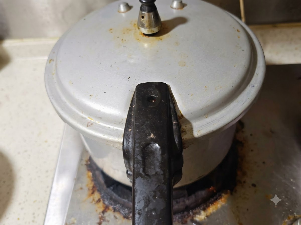 蓋をして調理できるよう、煮込んだ牛肉のミックスが詰められている圧力鍋の様子。