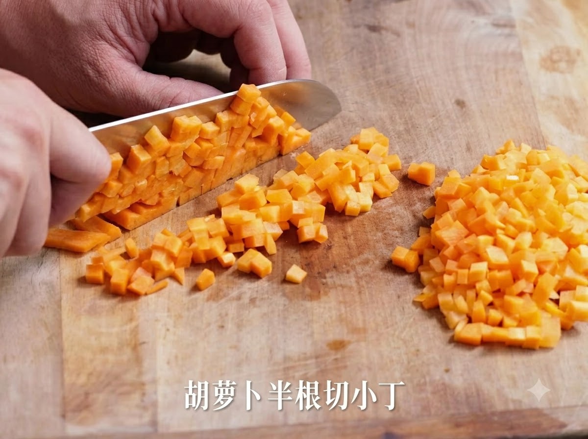 木製のまな板の上で、包丁を使って半分に切ったにんじんを細かく均一なサイコロ状にスライスしている手。