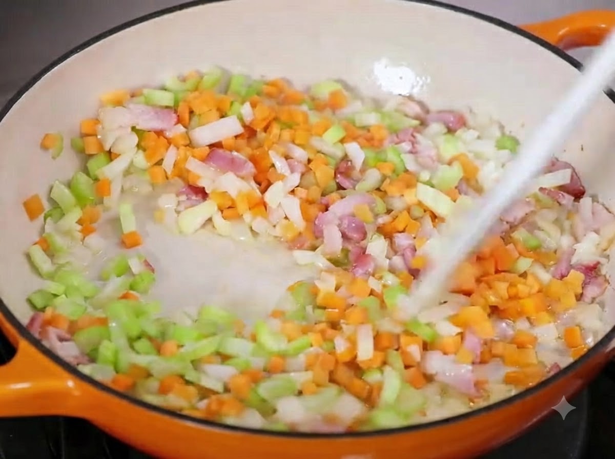 フライパンの中で、角切りにした野菜とベーコンを熱しながらヘラで混ぜ合わせている様子。