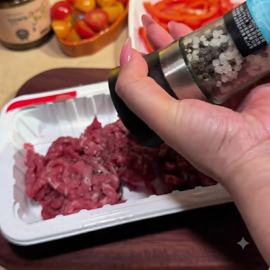 白いプラスチックトレイに入った生の細切り牛肉に、ペッパーミルで黒こしょうを挽いている手。