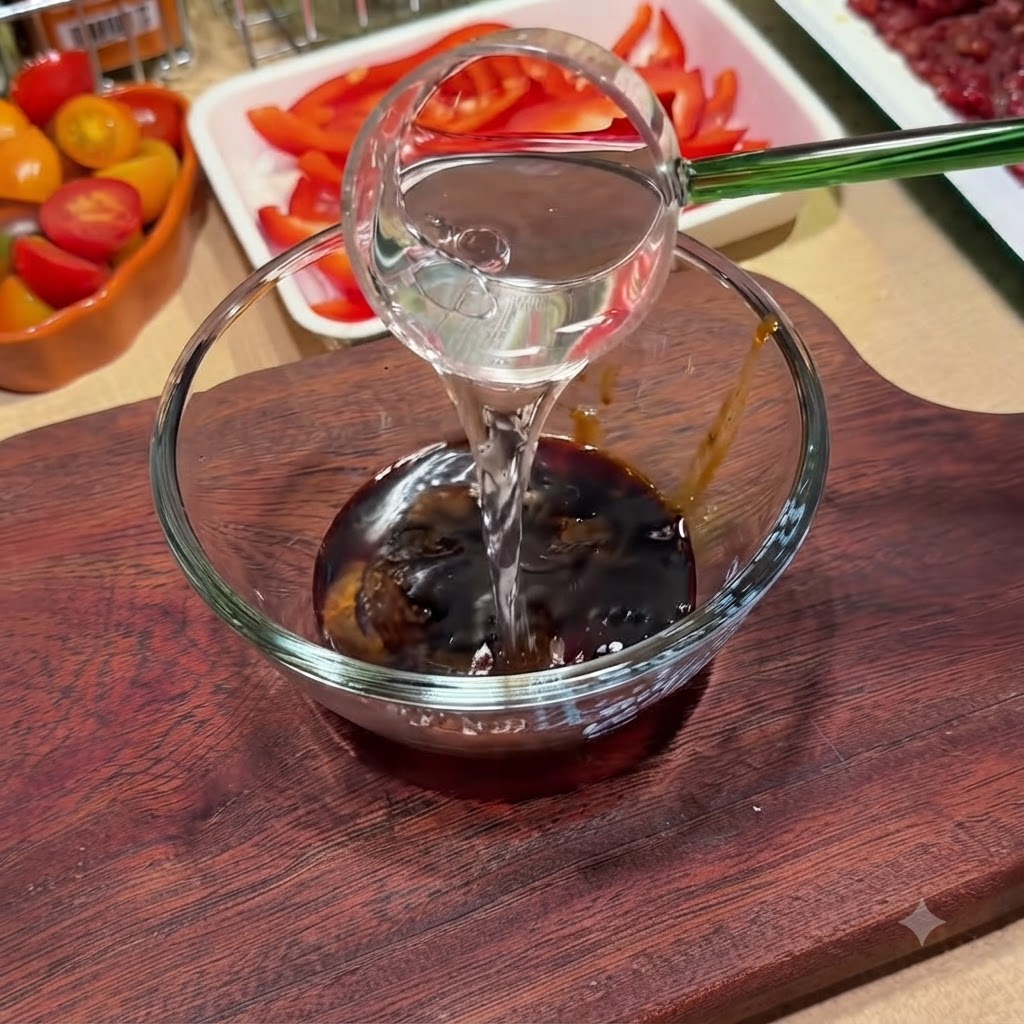 木の板に置かれた透明なガラスボウルにソースの材料を注いでいる様子。