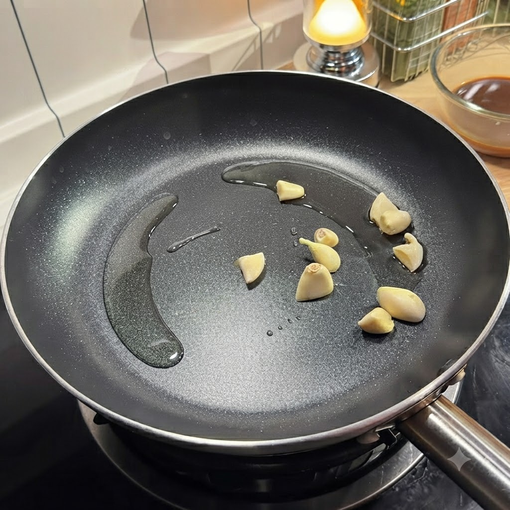 熱した黒いフライパンの中で、皮をむいたにんにくが油で炒められている様子。