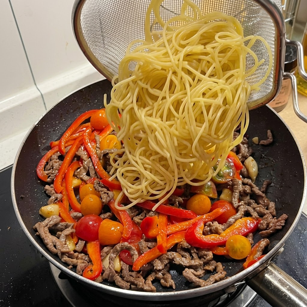 網じゃくしを使って茹でたスパゲッティをフライパンに投入している様子。