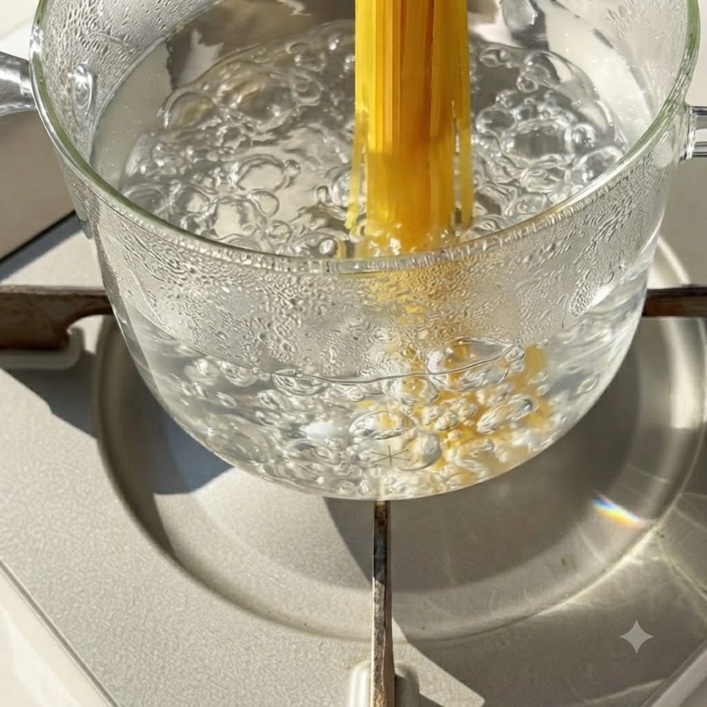 ガラス製の鍋でぐつぐつと沸騰したお湯にスパゲッティの麺を入れている様子