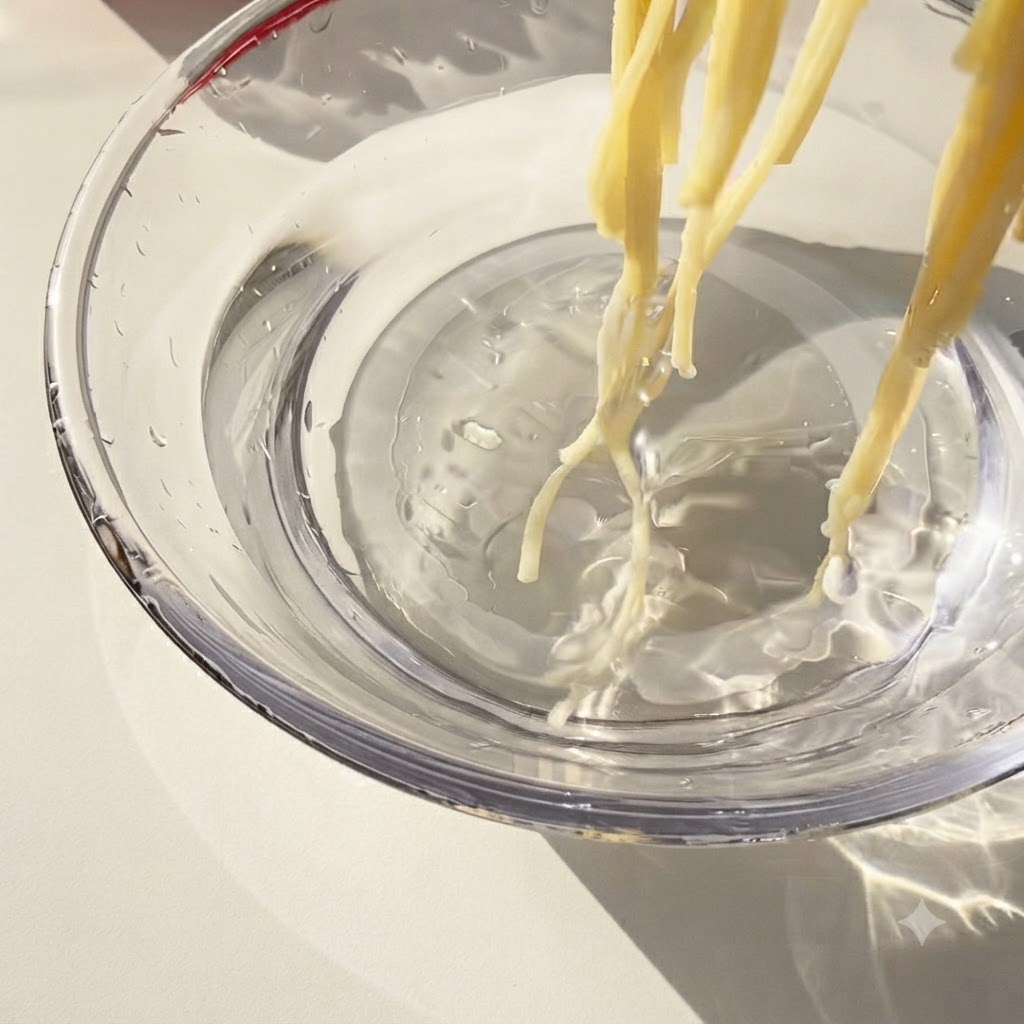 トングを使って、茹で上がったスパゲッティを冷水の入ったガラスボウルに移している様子