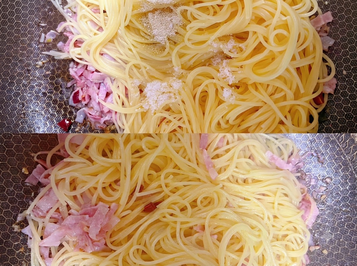 刻んだ緑色のふきのとうが、フライパンの中のパスタの上にたっぷりと乗せられています。