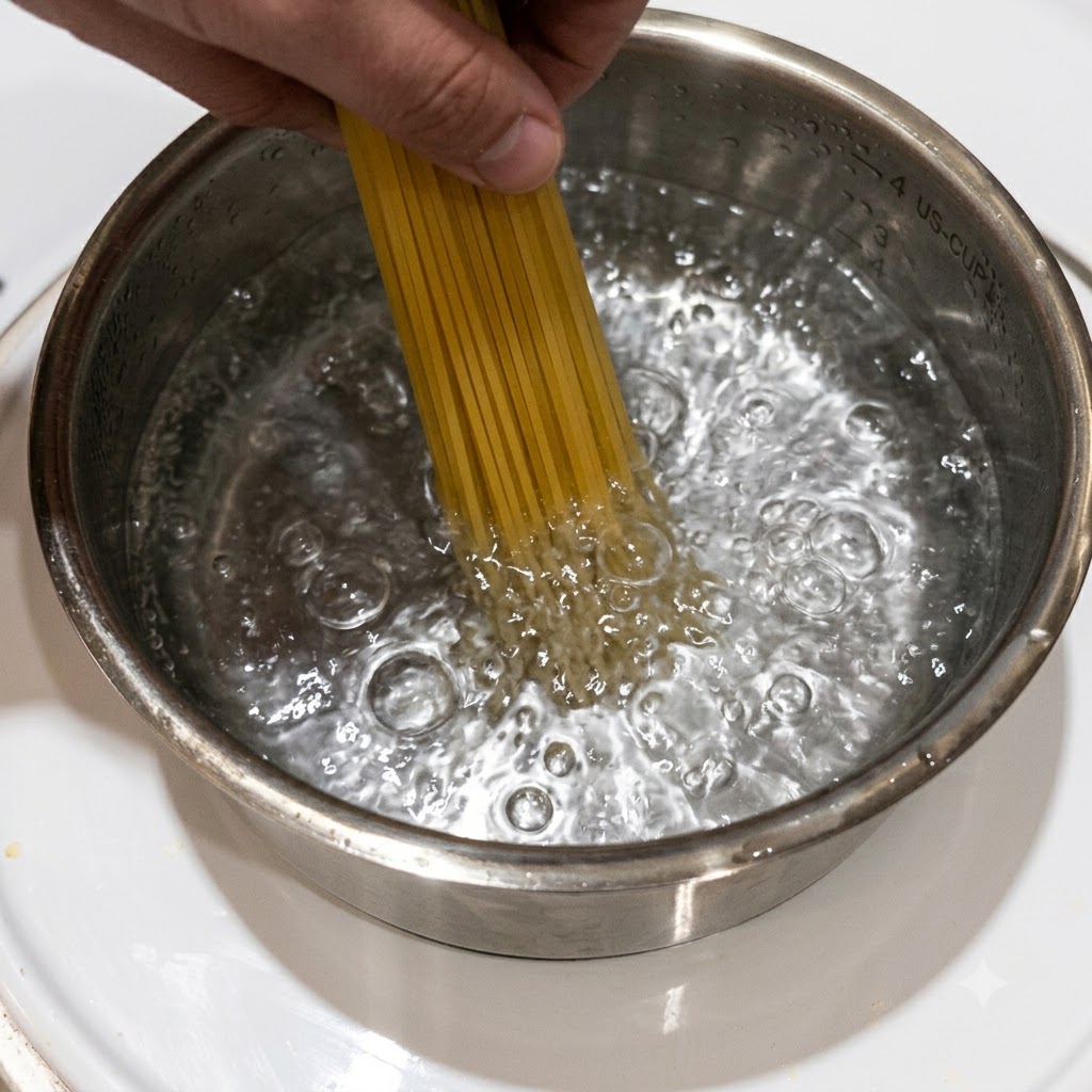 沸騰したお湯が入った鍋の中でペンネパスタが茹でられている様子。