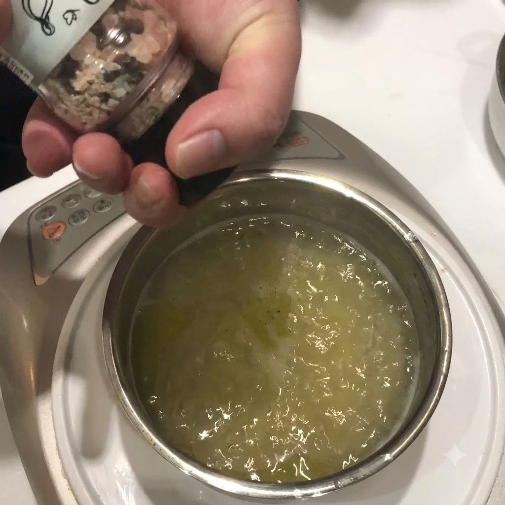 沸騰しているパスタの茹で湯に、黒こしょうと塩が振りかけられている様子。