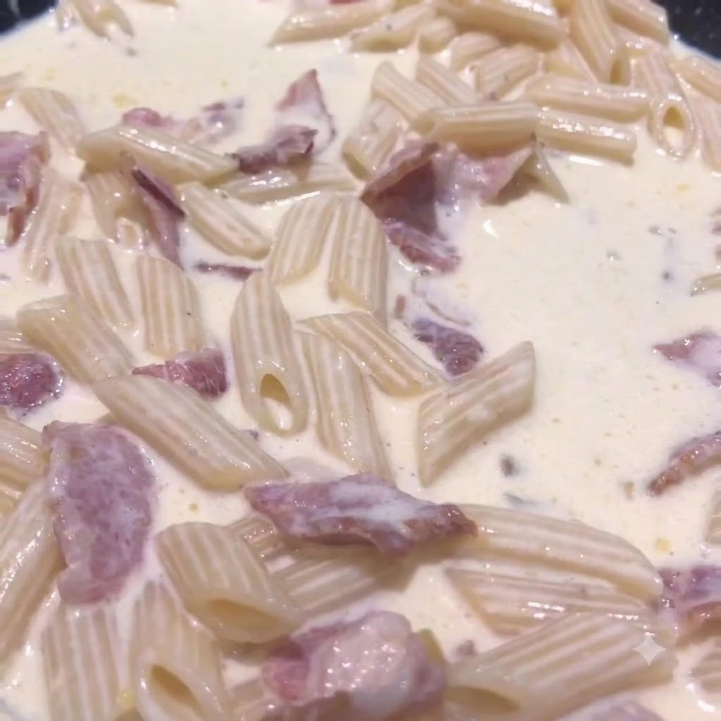 フライパンの中でクリーミーなソースに包まれながら煮込まれているペンネパスタのアップ。
