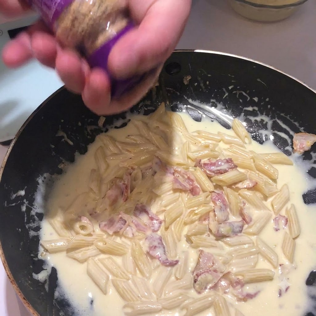 フライパンの中のクリーミーなパスタに、容器からガーリックソルトが振りかけられている様子。