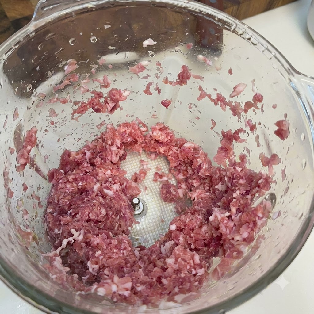 ガラス製のフードプロセッサーのボウルに入れられた、豚または牛のひき肉の塊。
