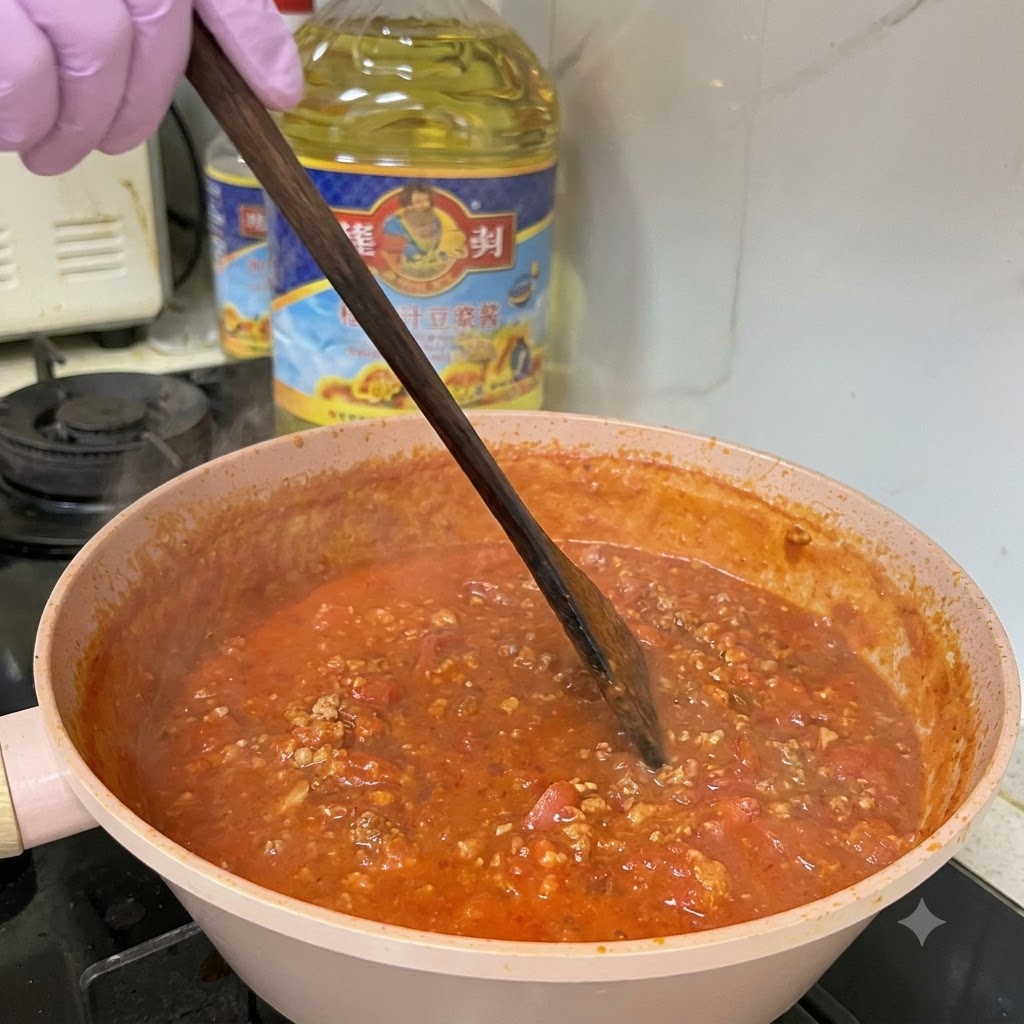 木べらで混ぜ合わされながら、濃厚なトマトと玉ねぎのソースの中で炒められるひき肉。