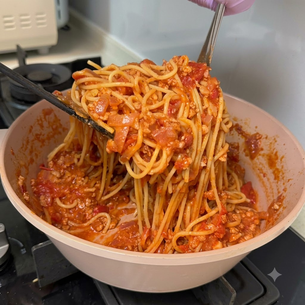 調理用フライパンの中にある濃厚なミートソースに絡められ、持ち上げられるスパゲッティの麺。