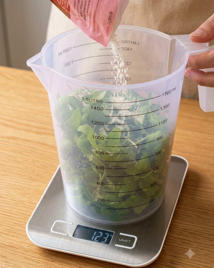 ピンク色の小袋から削ったチーズを、新鮮なバジルの葉が入った大型のプラスチック製計量ピッチャーに注いでいる様子。
