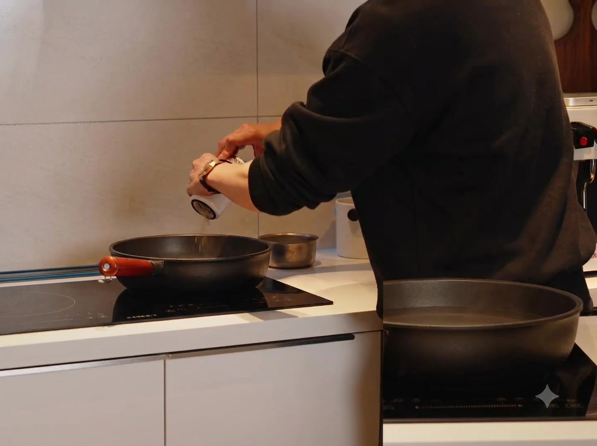 塩を加えた沸騰したお湯の鍋に、乾燥スパゲッティが入れられている様子。