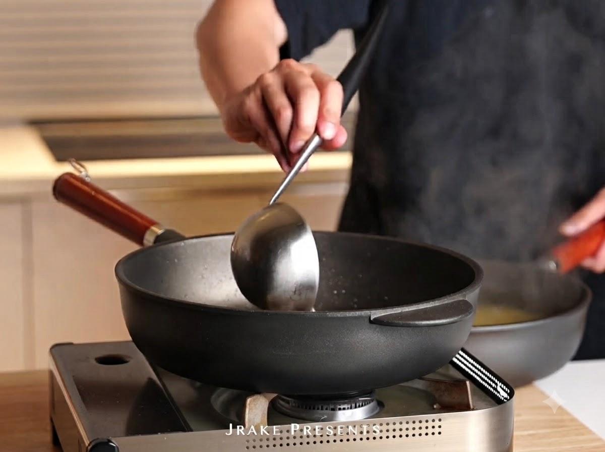 沸騰しているパスタの鍋からお玉ですくい取ったゆで汁を、フライパンに注ぎ入れている様子。