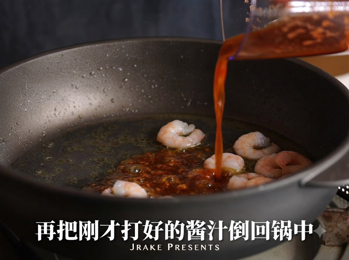 容器からエビと煮汁の入ったフライパンへ、赤いチリガーリックソースが注がれている様子。