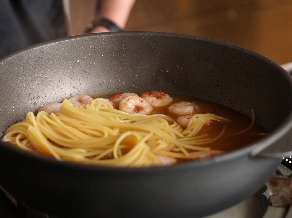 スパゲッティの麺とエビがフライパンの中でソースと一緒に煮込まれている様子。