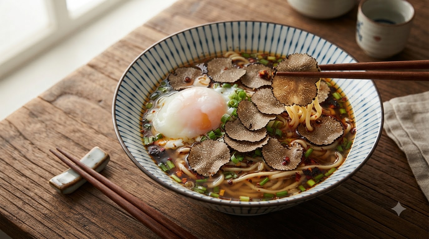 黒トリュフとポーチドエッグのピリ辛クリアスープ麺