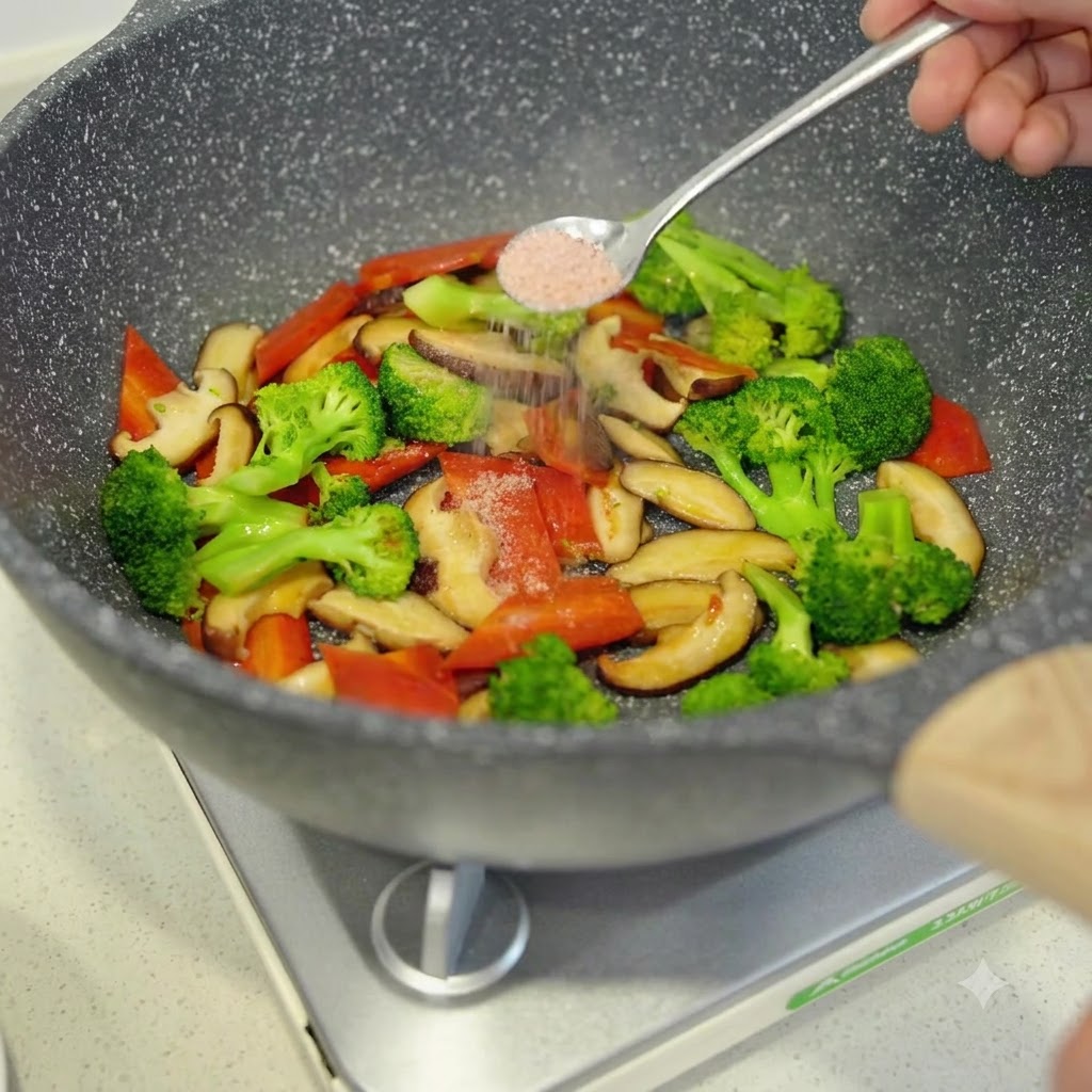 フライパンで炒められている野菜に、スプーンから塩が振りかけられている様子。