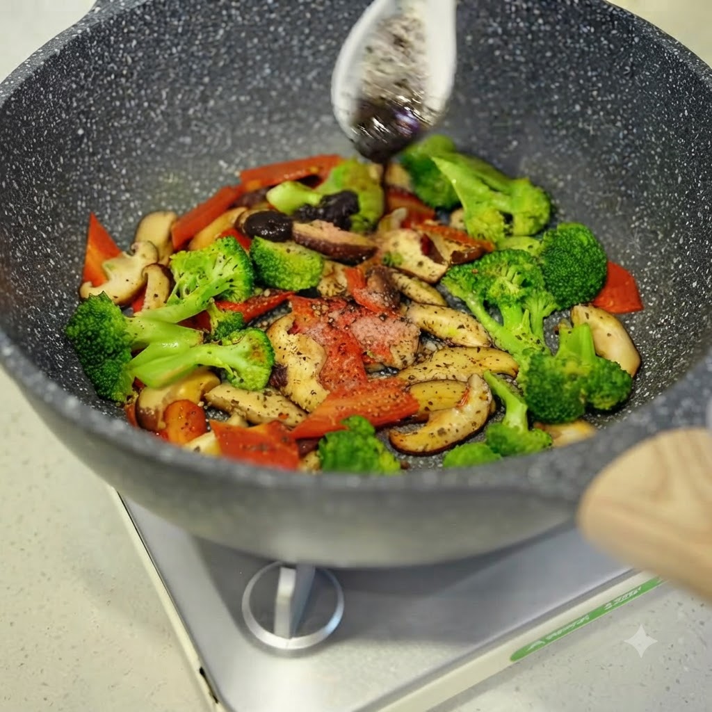 ミックス野菜が入ったフライパンに、スプーン一杯の黒トリュフソースが加えられている様子。