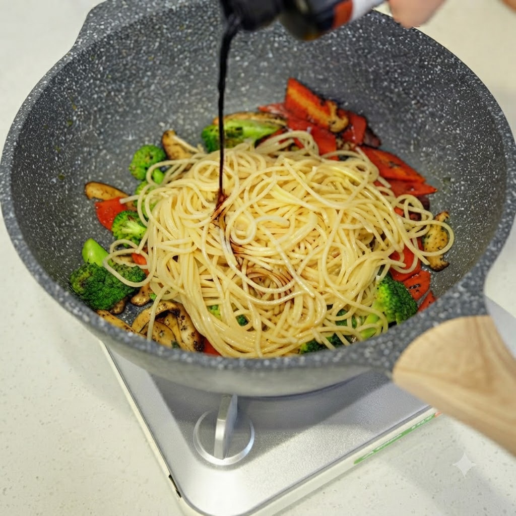 グレーの調理用フライパンの中で、スパゲッティとミックス野菜にボトルから濃口醤油が注がれている様子。