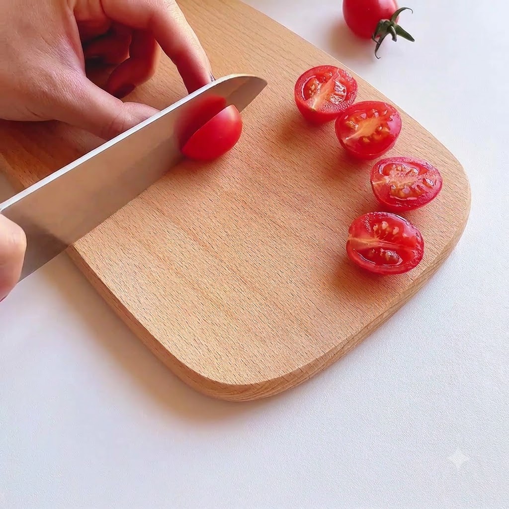 木製のまな板の上で、シェフナイフを使ってミニトマトを半分に切っている様子。