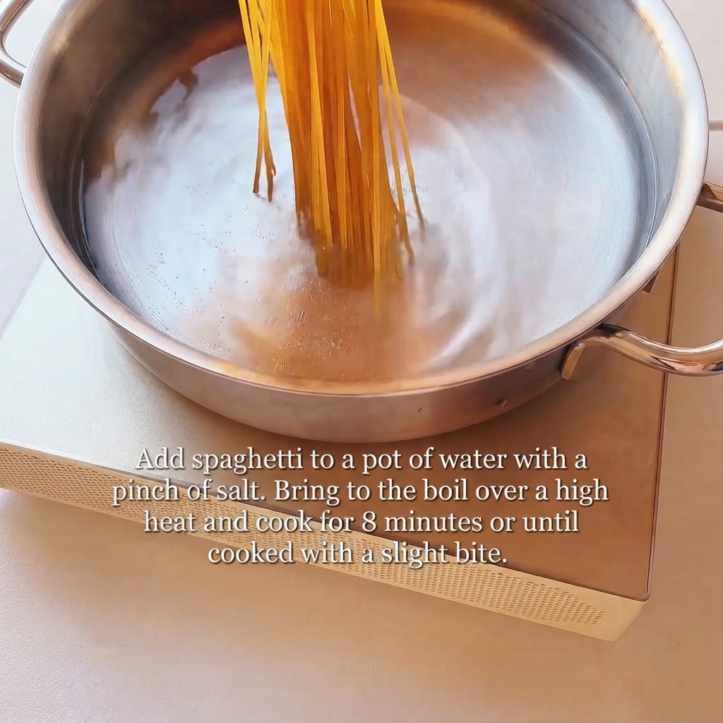 沸騰したお湯の入った鍋にスパゲッティの麺を入れている様子。