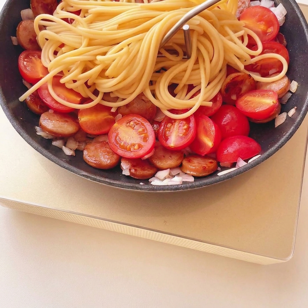 フライパンの中のトマトとソーセージの具材の上にスパゲッティの麺を乗せている様子。