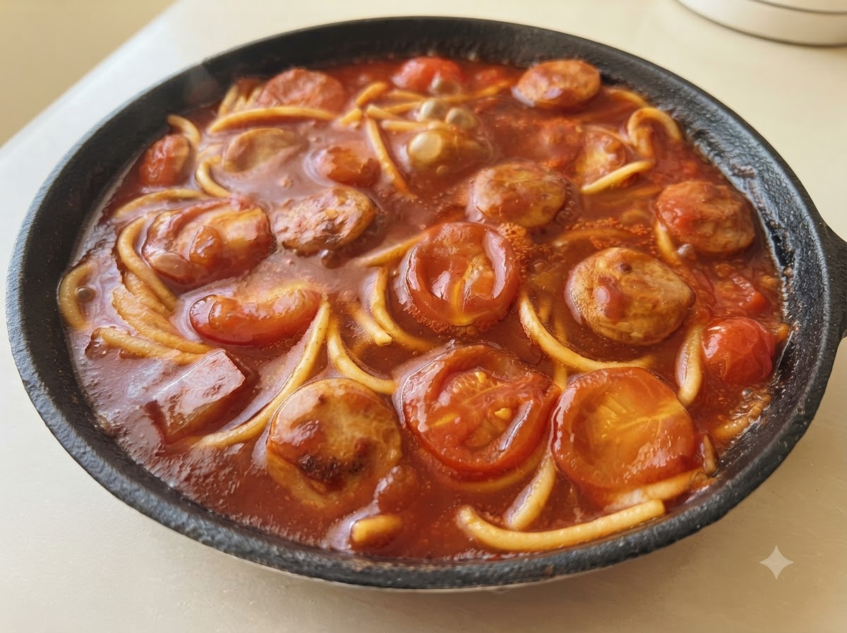 フライパンの中で、スパゲッティ、ソーセージスライス、トマトとともに濃厚な赤いパスタソースが煮立っている様子。