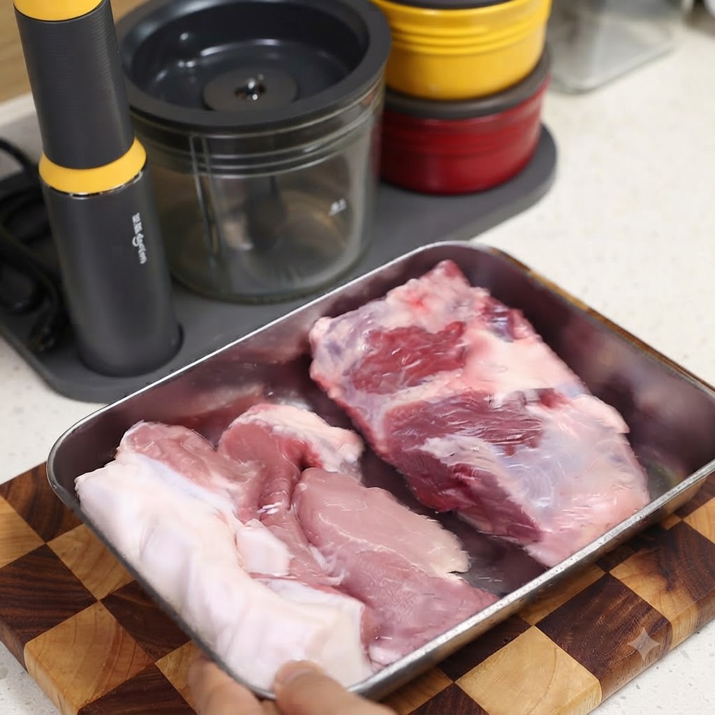 まな板や調理家電の近くのトレイに置かれた生の豚肉の塊。
