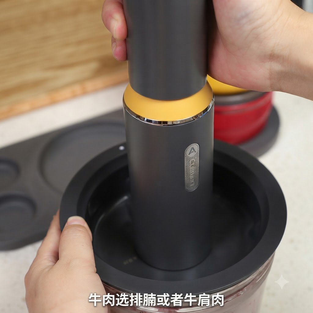 フードプロセッサーのボウルに入った細かく刻まれた肉の塊。
