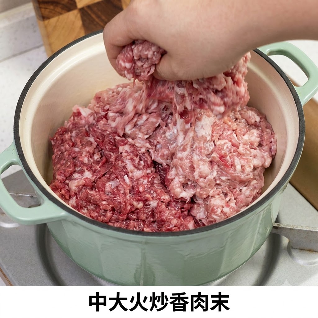 緑色の鍋に入れられ、コンロで炒められている挽肉。