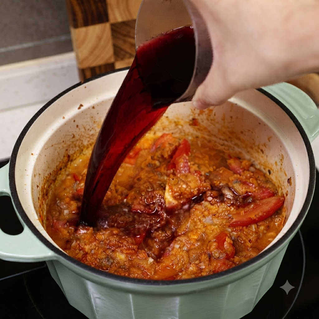 計量カップから、トマトと肉の混合物が入った鍋に辛口赤ワインが注がれている様子。