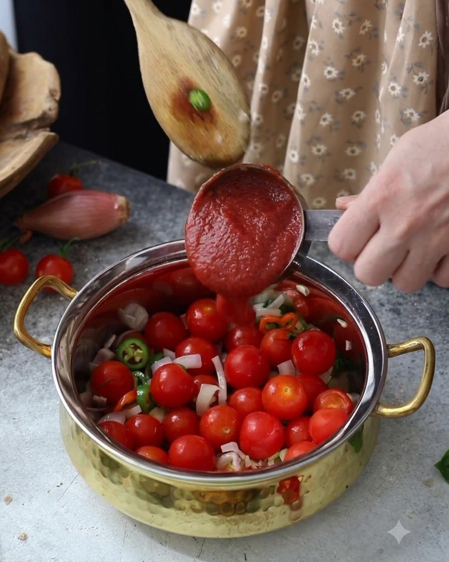 計量カップからトマトピューレを、チェリートマトと炒めた野菜が入った鍋に注ぎ入れている様子。