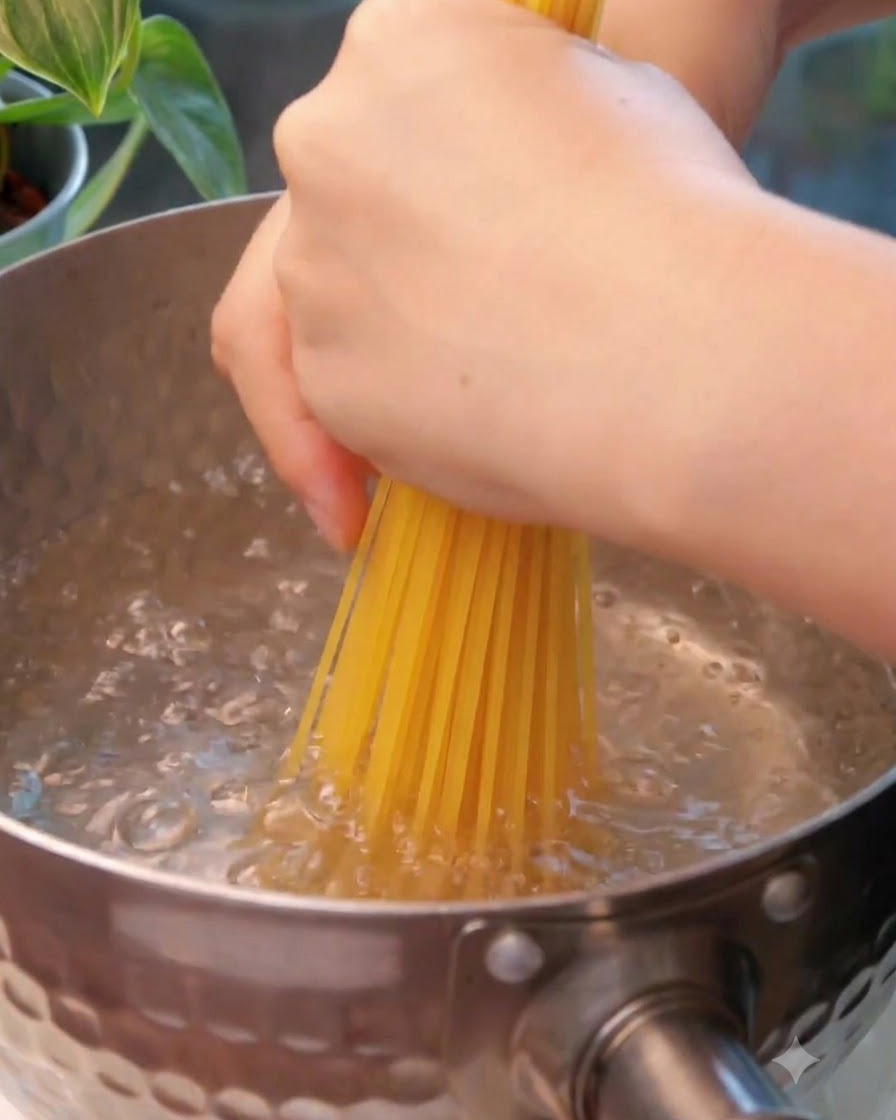 沸騰したお湯の入った鍋に、乾燥スパゲッティを入れている手元の様子。