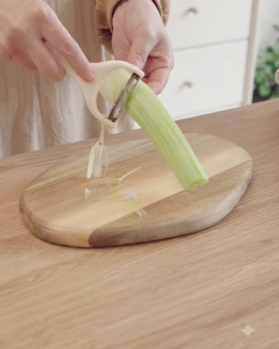 木製のまな板の上で、野菜ピーラーを使ってセロリの茎の外側の層を剥がしている手のクローズアップ画像。
