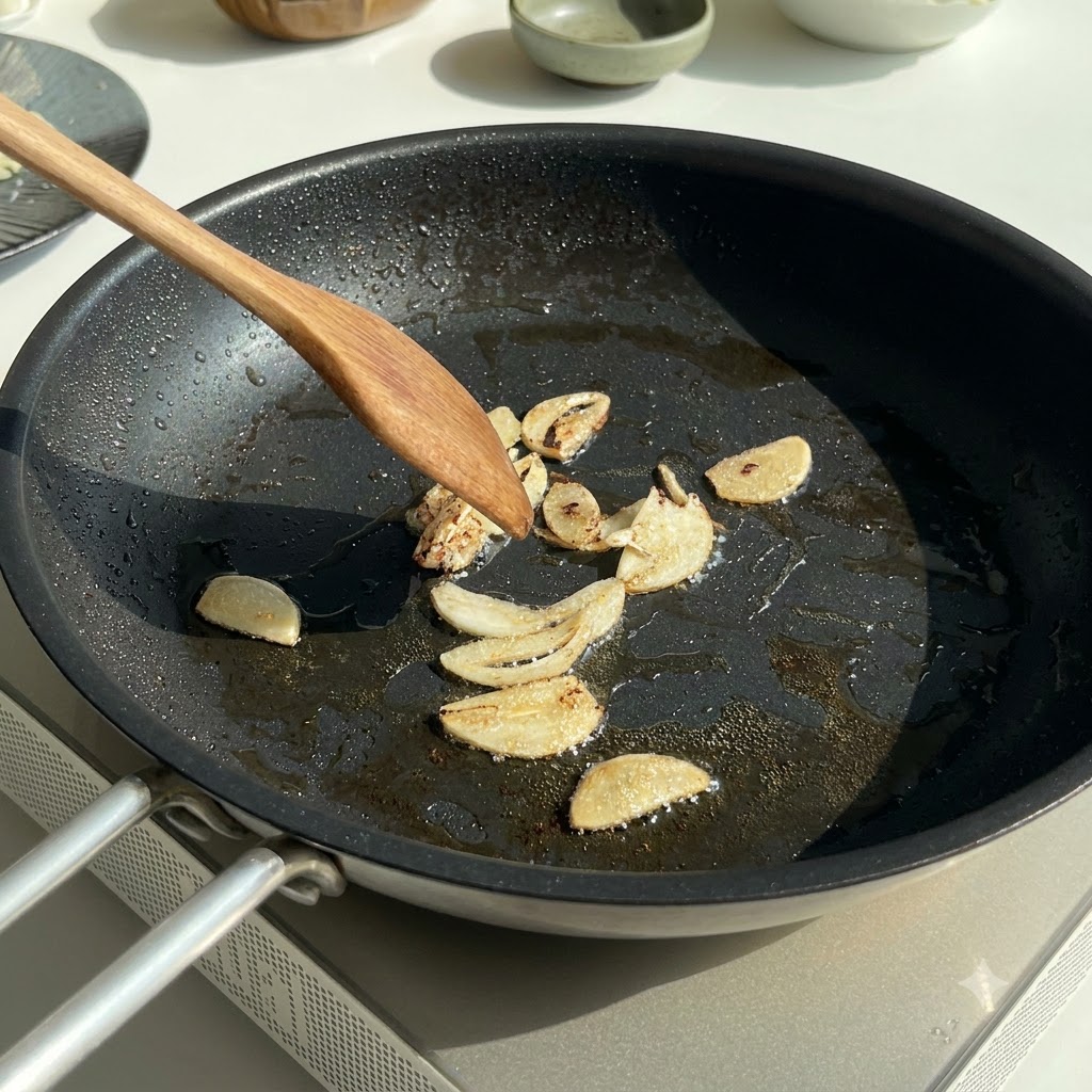 木製のヘラを使い、フライパンでスライスしたにんにくみじん切りと刻んだ玉ねぎを炒めている様子。