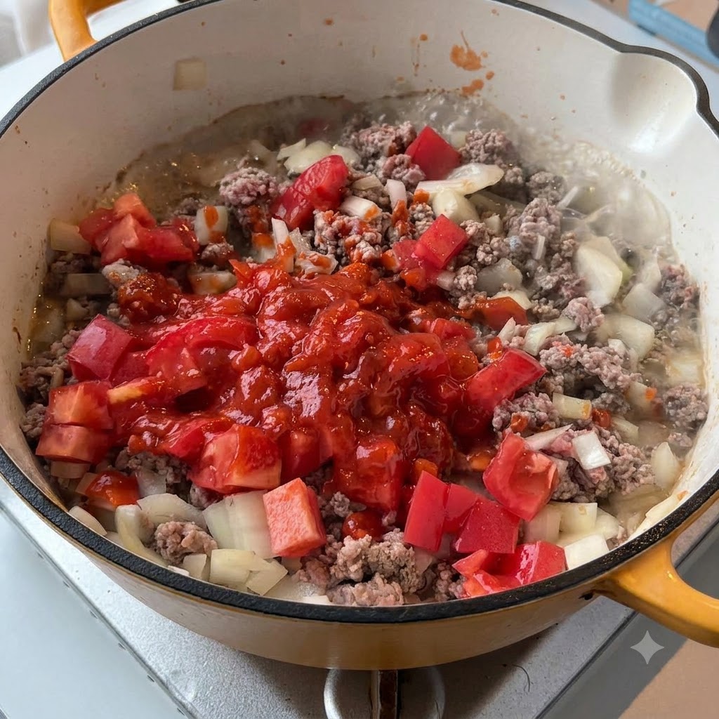 炒めたひき肉とタマネギの上に、角切りトマトと鮮やかな赤いパスタソースが注がれているところ。