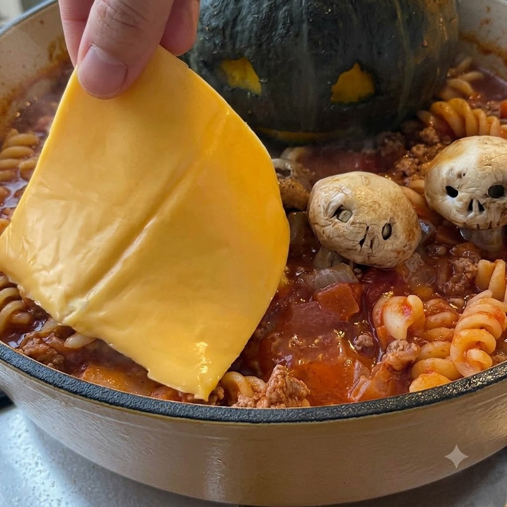 熱々のパスタの上に、おばけの飾りを作るために黄色いスライスチーズを置いている手。