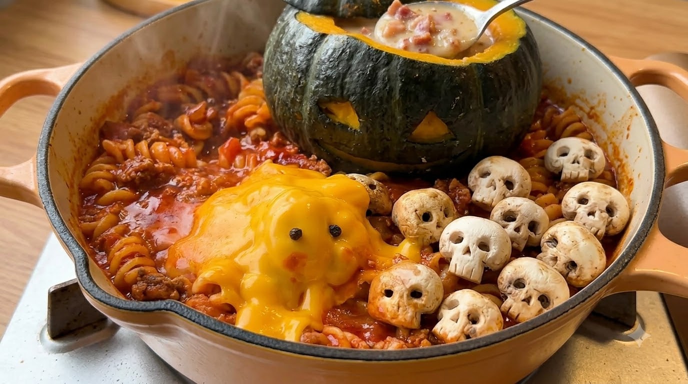 ハロウィン風トマトビーフパスタとパンプキンクリームスープ