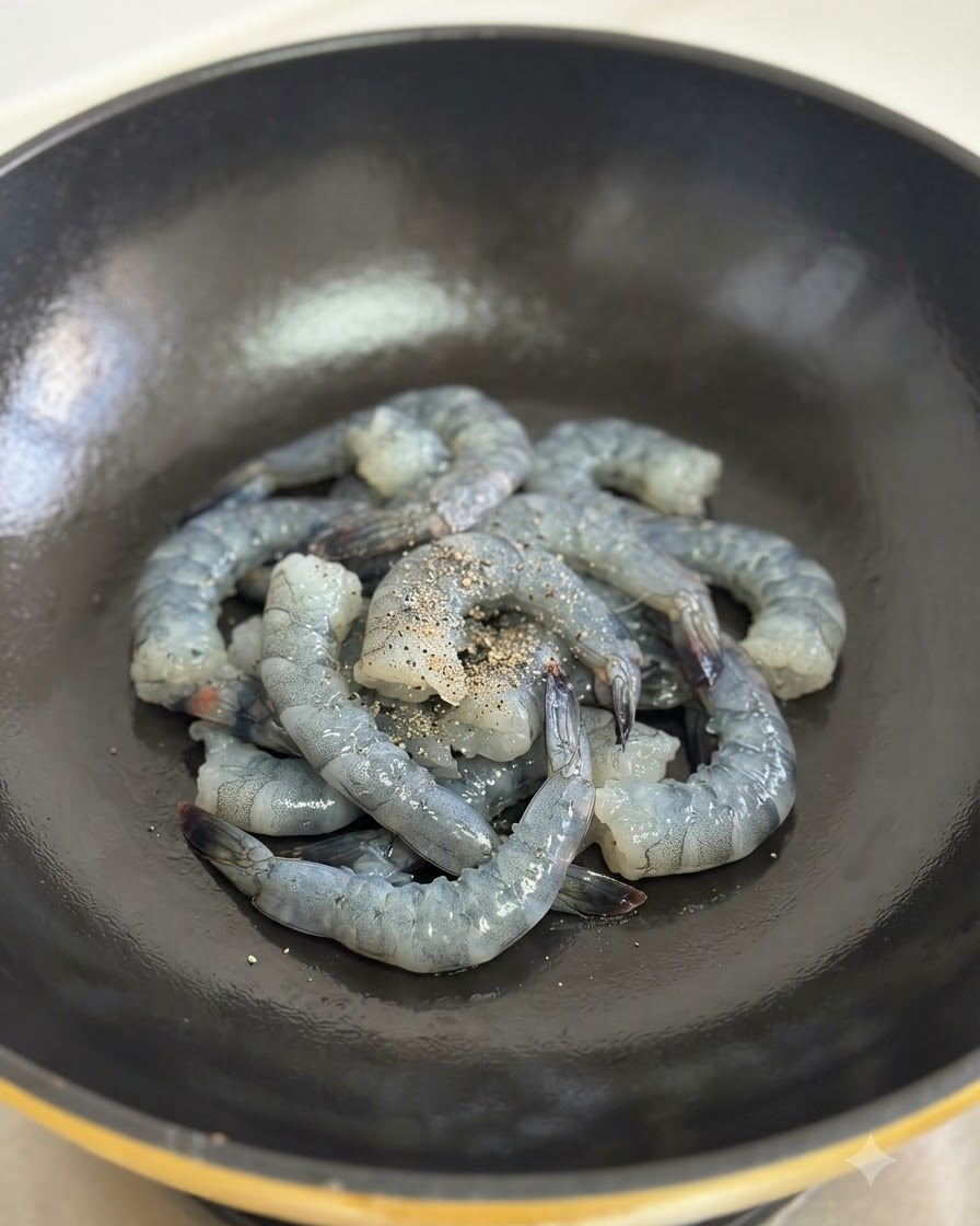 黒こしょうで味付けした生エビを中華鍋で炒めている様子。