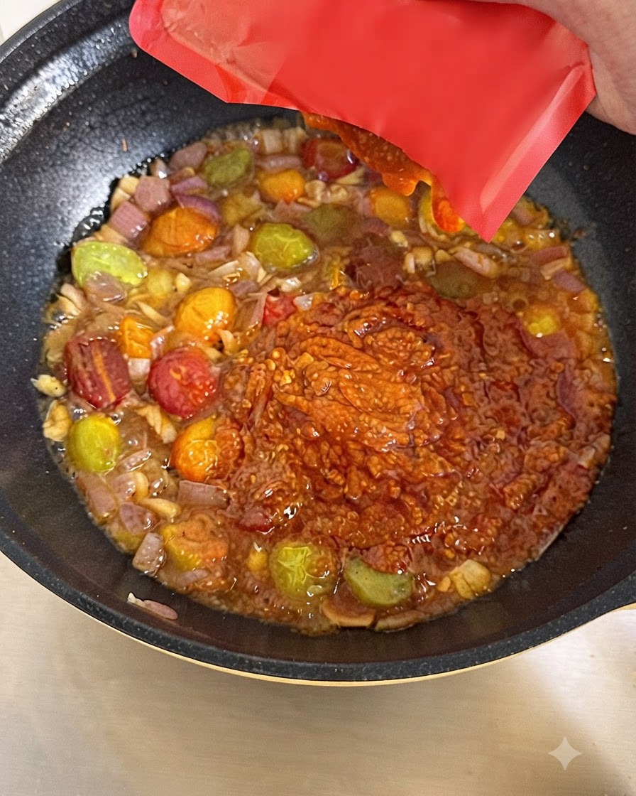 煮立っている野菜の中に、市販のミートソースを絞り入れている様子。