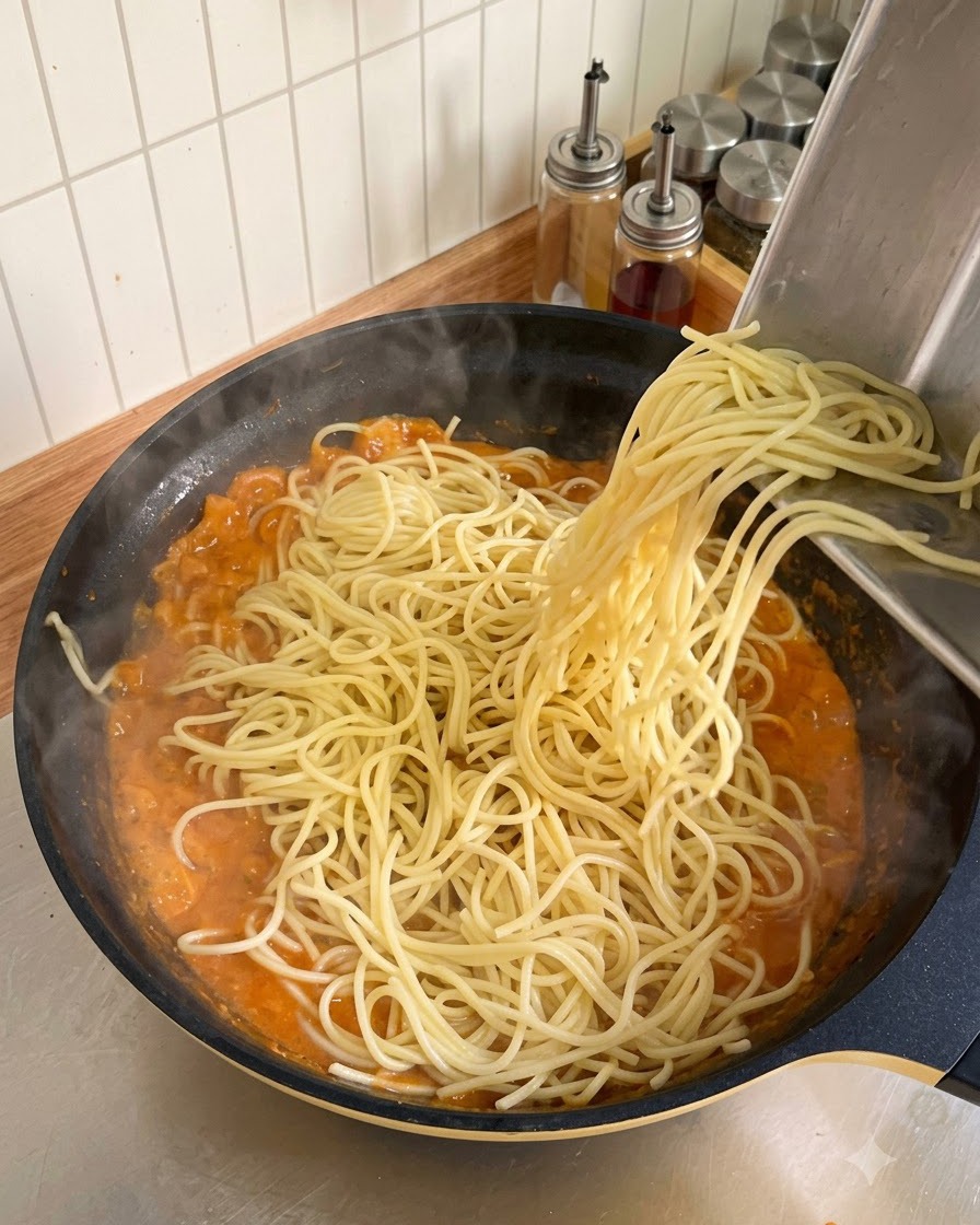 茹で上がったスパゲッティを、クリーミーなトマトソースの入った大きな鍋に入れている様子。