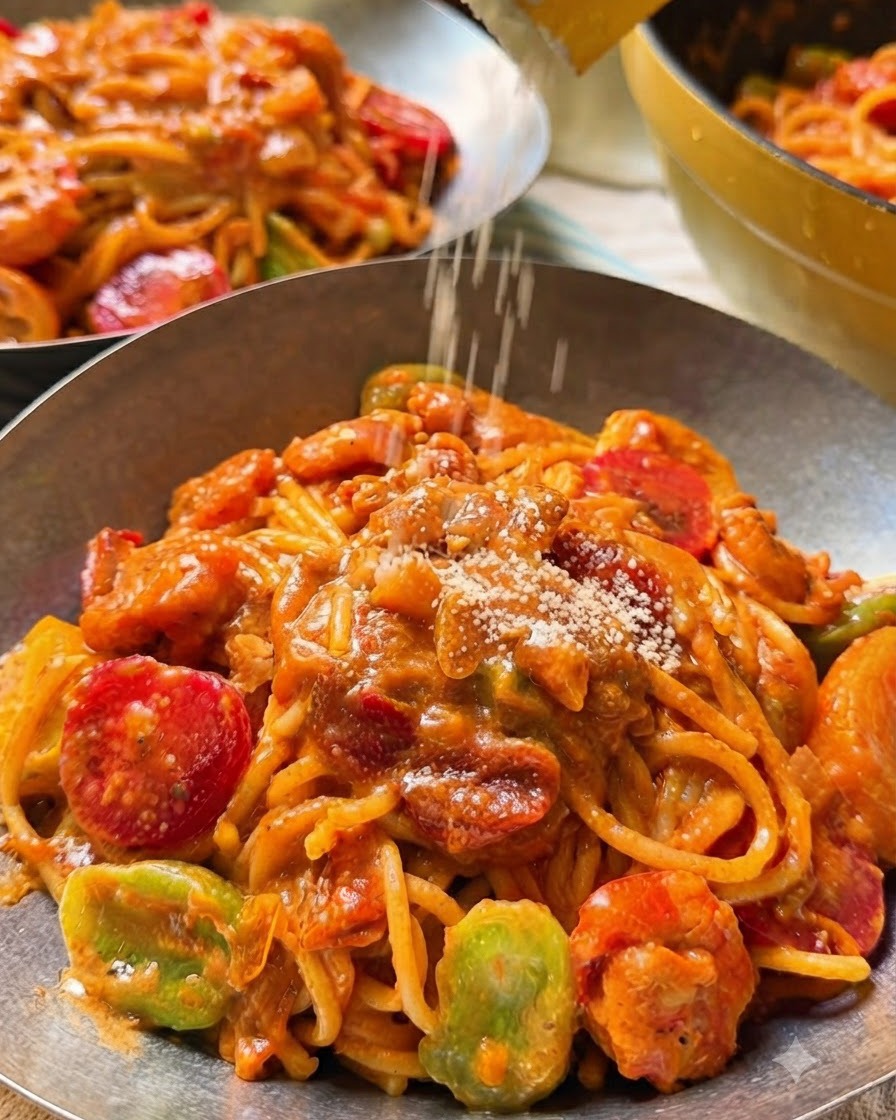 盛り付けられたクリーミートマトパスタの上から粉チーズを振りかけている様子。