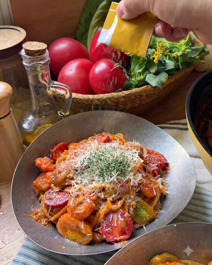 パスタのボウルの上で小さなパケットを持ち、溶けたチーズとトマトの上にドライパセリを振りかけている様子。