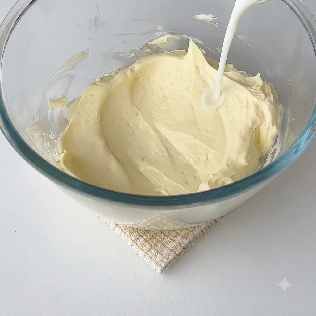 なめらかなクリームチーズに注がれる牛乳とゼラチンの混合液。