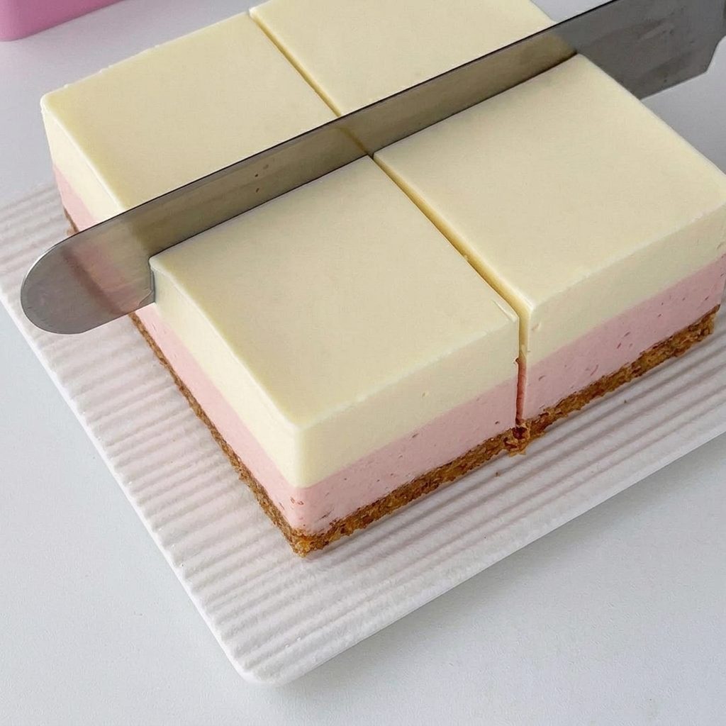 白い目の細かいマットの上で、完全に固まった層状のチーズケーキを長めの金属製ナイフで均一な四角形に切り分けている様子。
