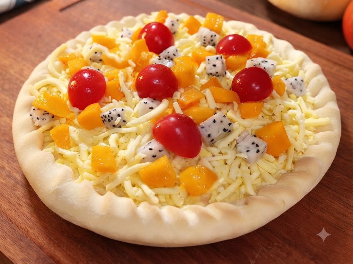 フルーツの具材の上にたっぷりのシュレッドモッツァレラチーズが覆いかぶさり、焼き上げる状態になっているピザ。