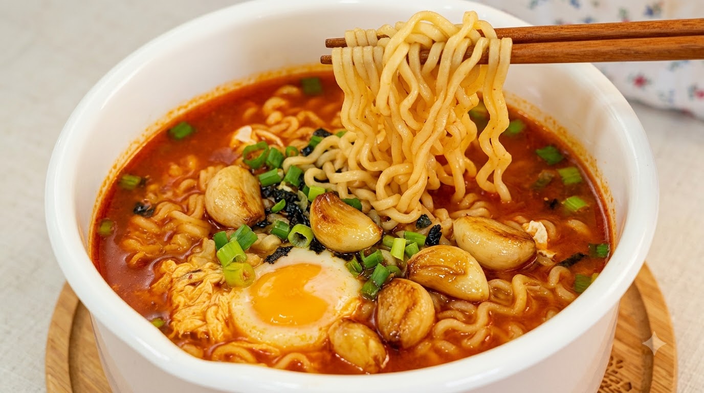 ホクホクの焼きニンニク、青ネギ、絶妙な半熟卵をトッピングした、濃厚でピリ辛な韓国風ラーメンの一杯。
